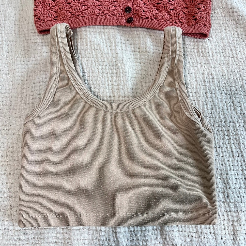 Crochet Cami Ribbed Crop Tank Top Bundle of 2 Womens M Rose Tan Beach Festival - Picture 6 of 13
